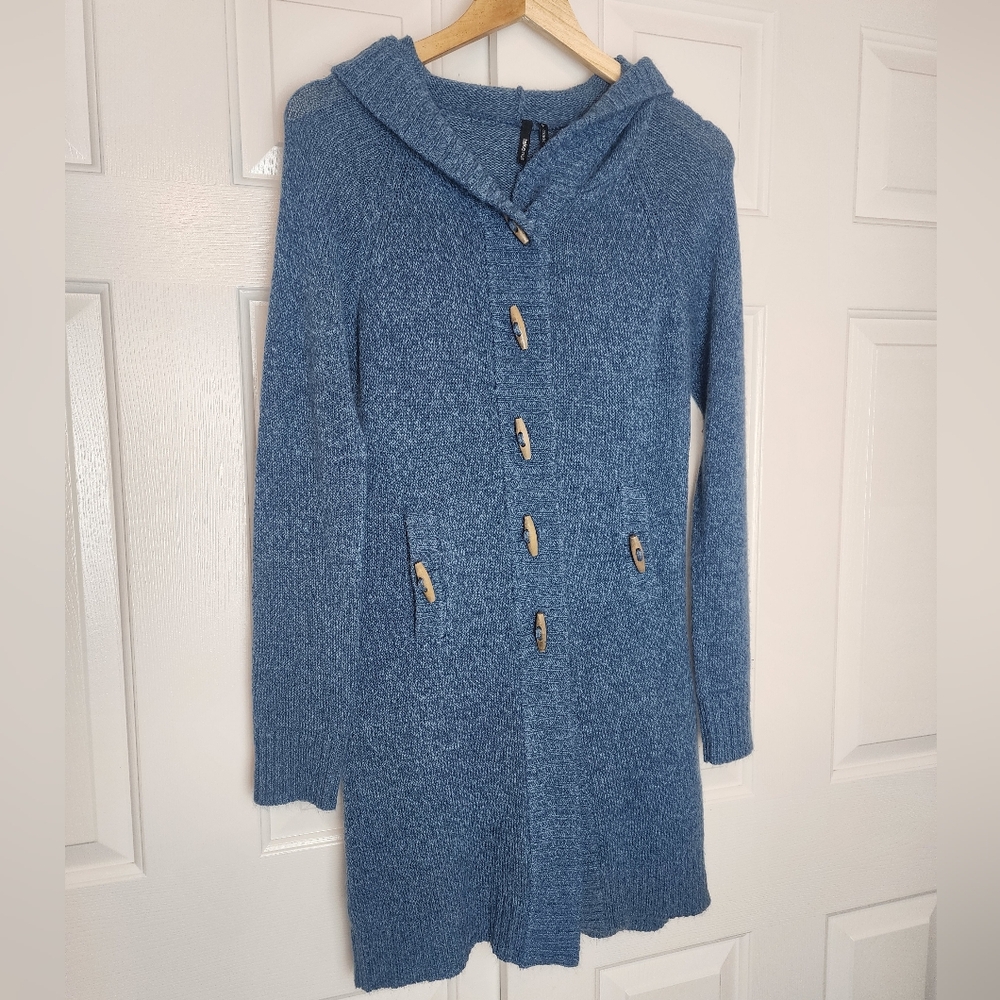 Take Out Blue Hooded Pockets Cardigan with Toggle Wooden Buttons Size L
